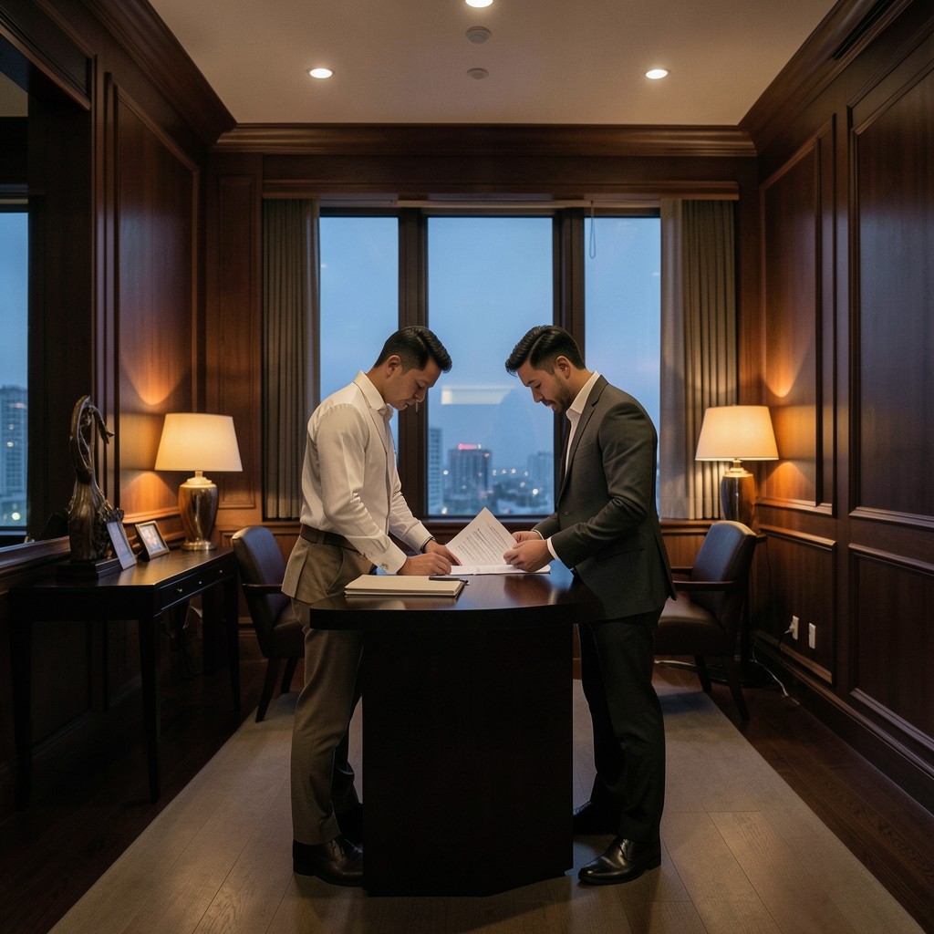 Two colleagues reviewing membership documents in a dark wood Bangkok office