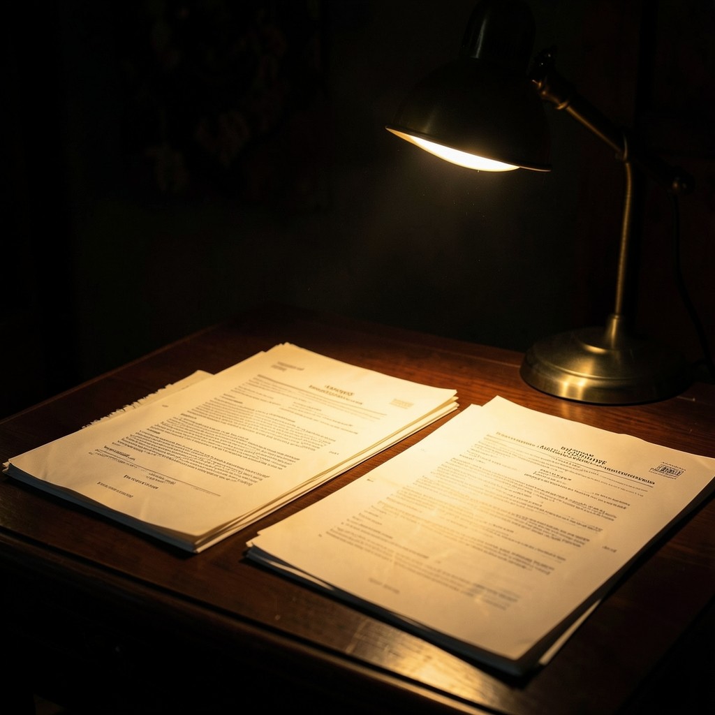 Annual report papers and membership printouts beside a warm desk lamp