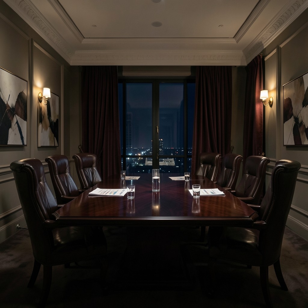 Boardroom table with sparse charts and glasses of water under low warm lighting