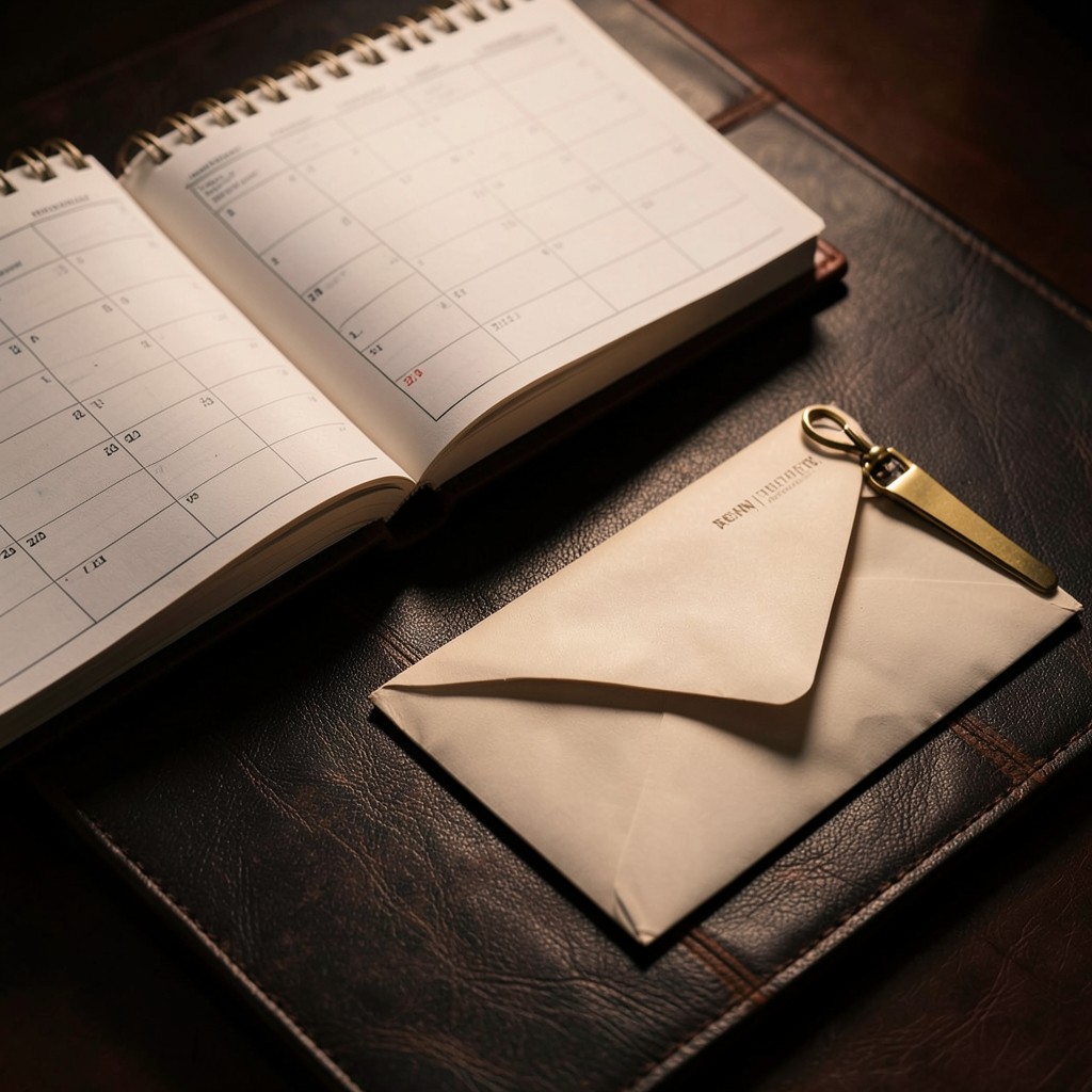 Calendar pages and renewal reminder letters on a dark leather blotter