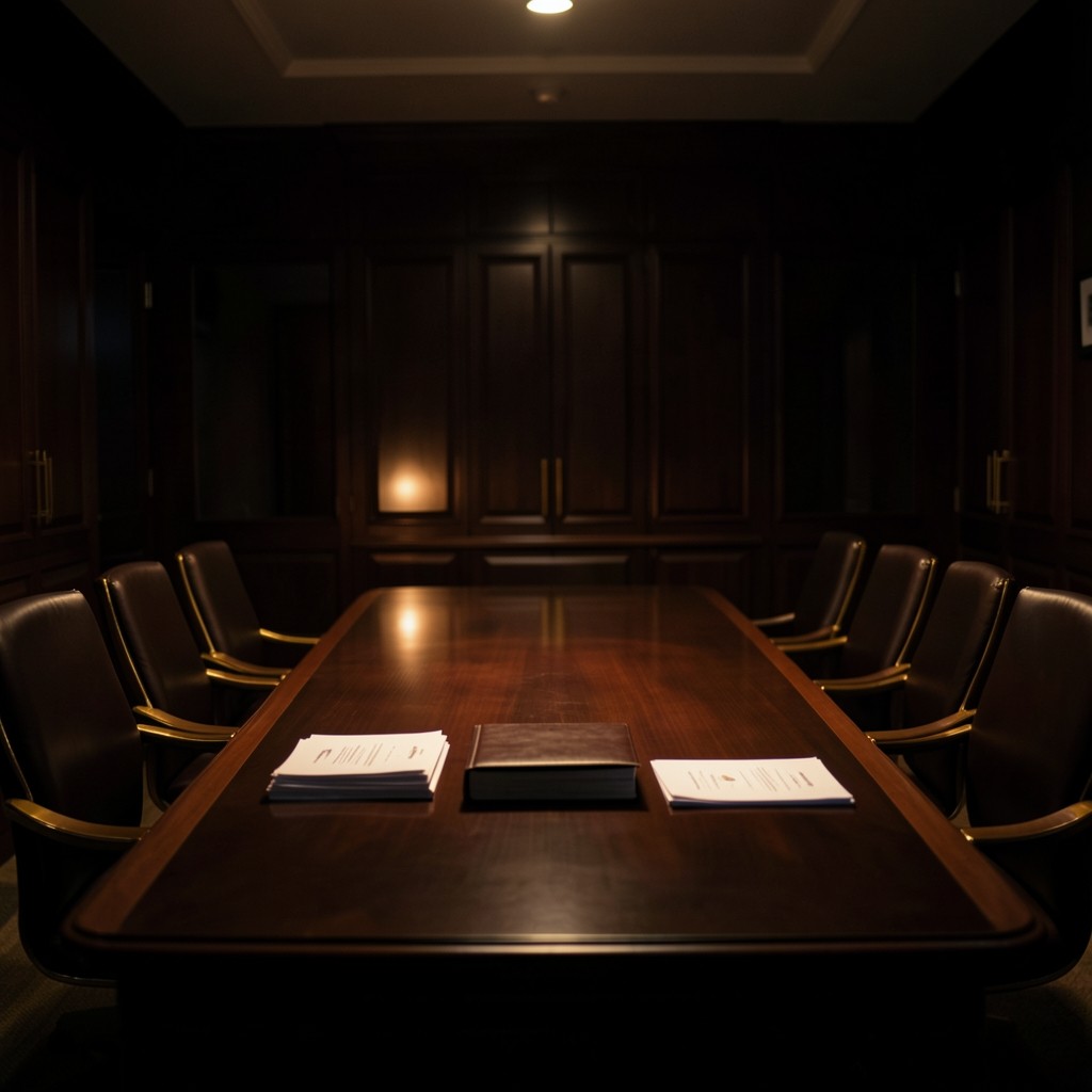 Warm-lit association meeting room with membership papers arranged on a dark table