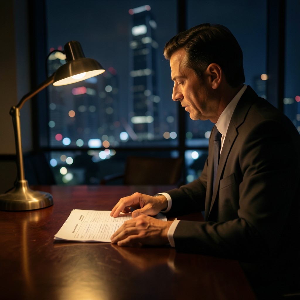 Analyst reviewing printed membership cohort tables under cinematic desk lighting