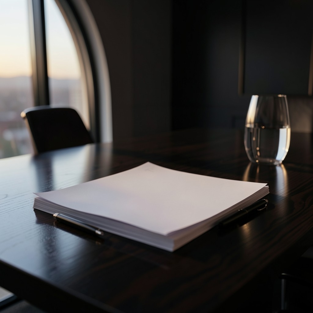 Printed board papers and a fountain pen arranged on a dark conference table