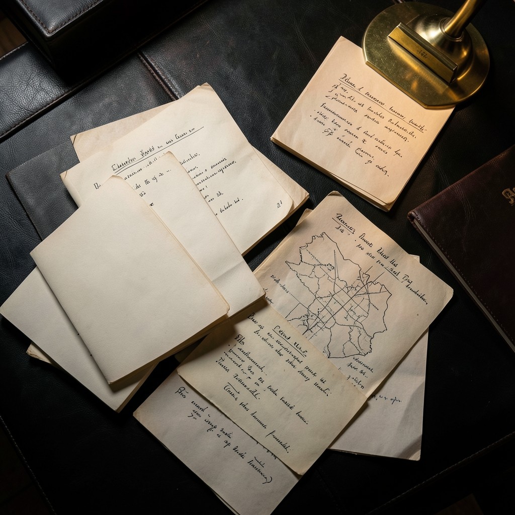 Map-style notes and chapter membership lists on a dark surface with warm side light