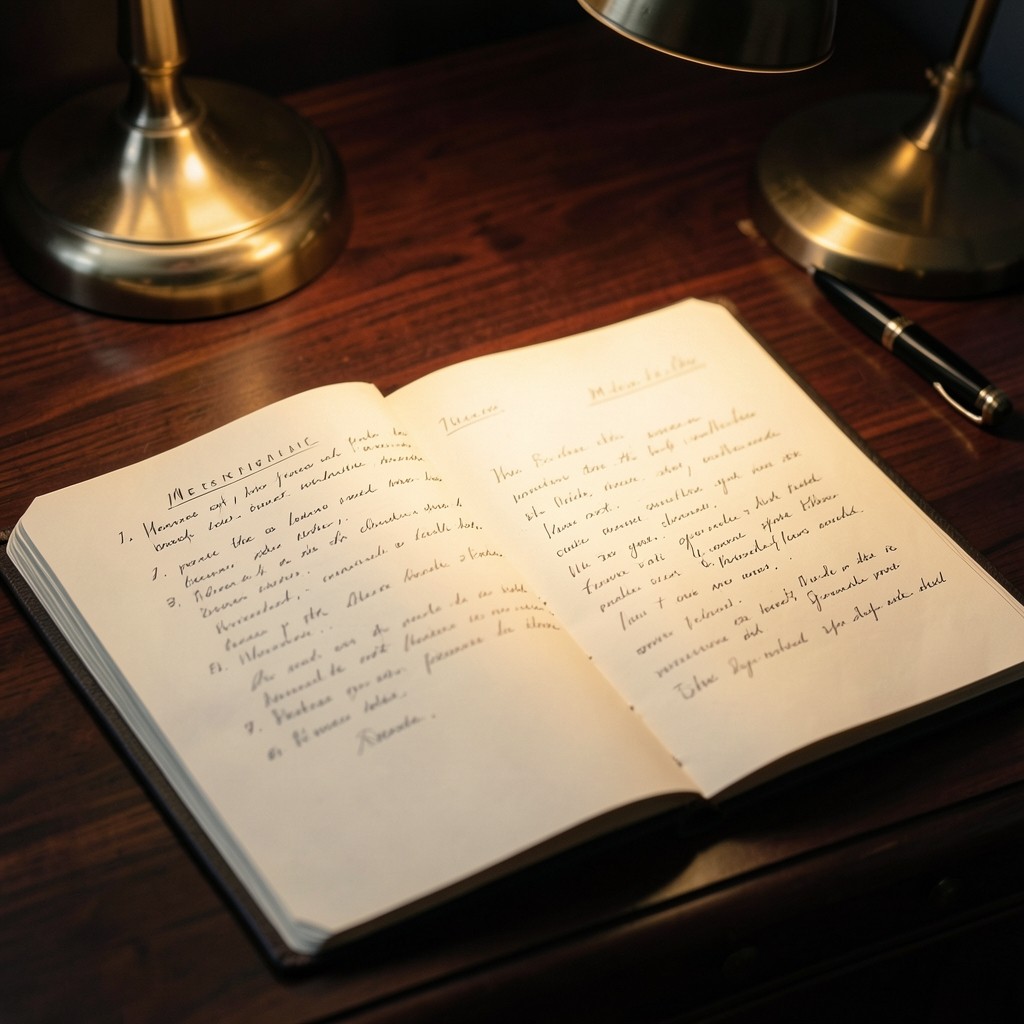 Open membership ledger and notes on a dark wood desk under warm lamp light