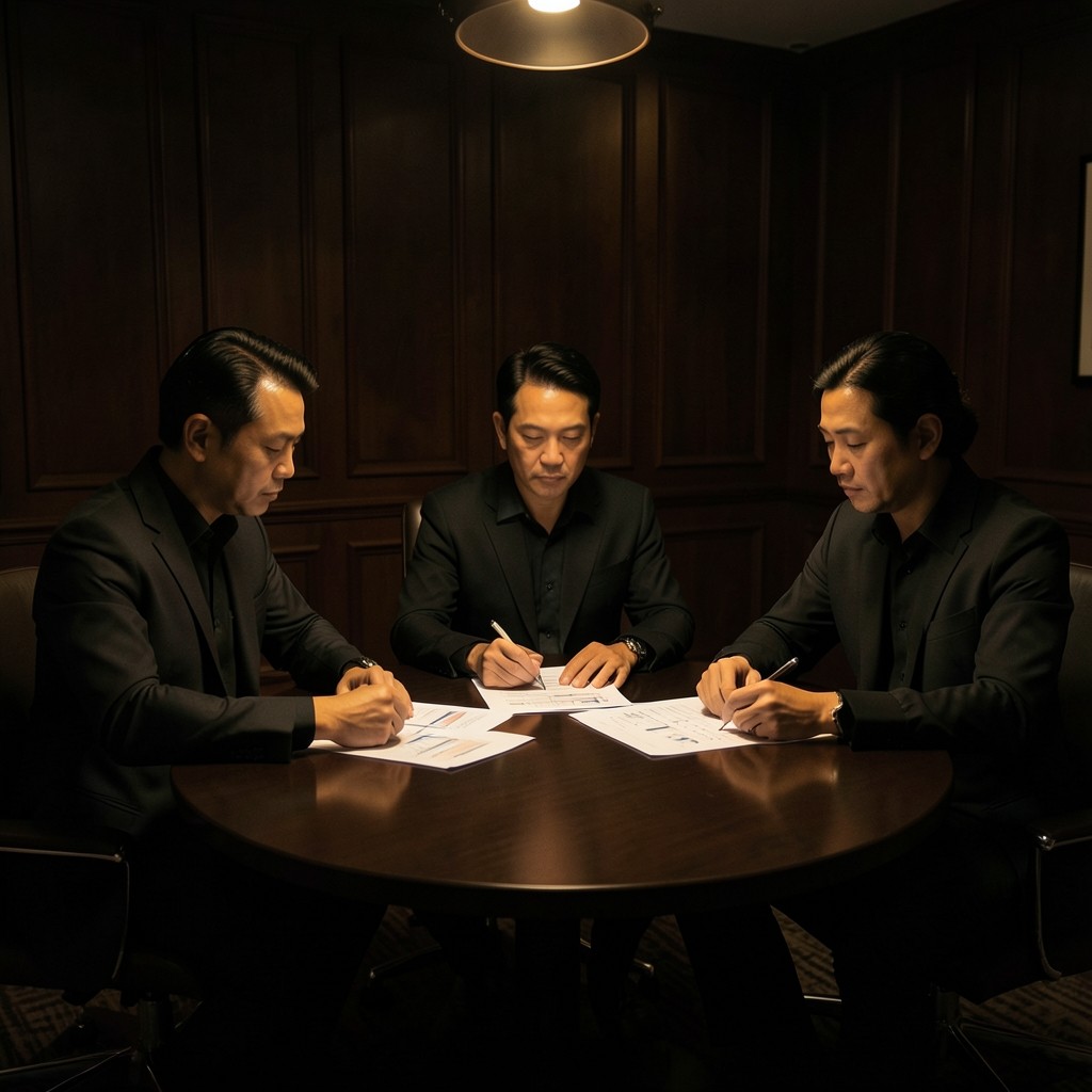 Small group seated around a dark table reviewing printed membership charts